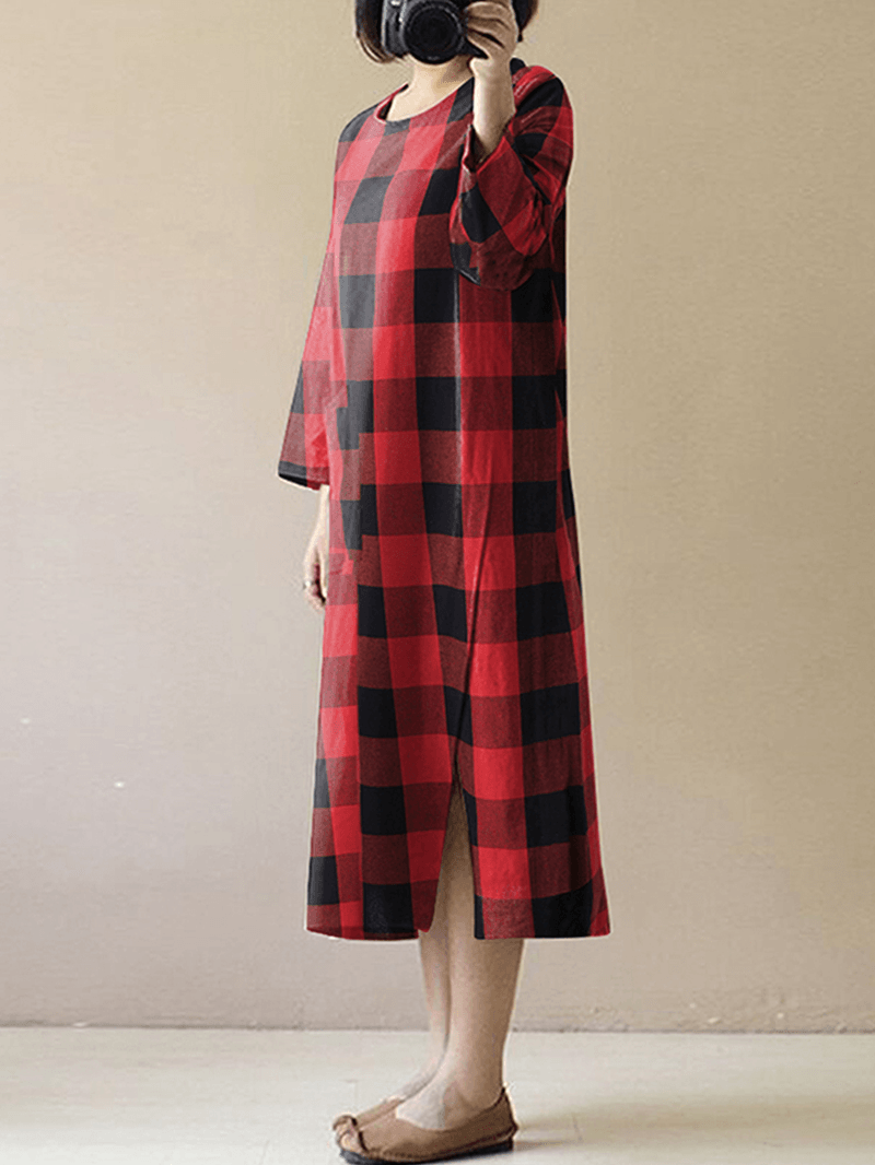 Women Vintage Plaid O-Neck Long Sleeve Splited Midi Dress