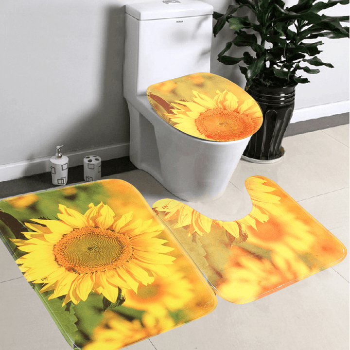 3Pcs/Set Yellow Sunflower Non-Slip Bathroom Pedestal Rug Lid Toilet Cover Bath Mat Floor Carpet Home Decor