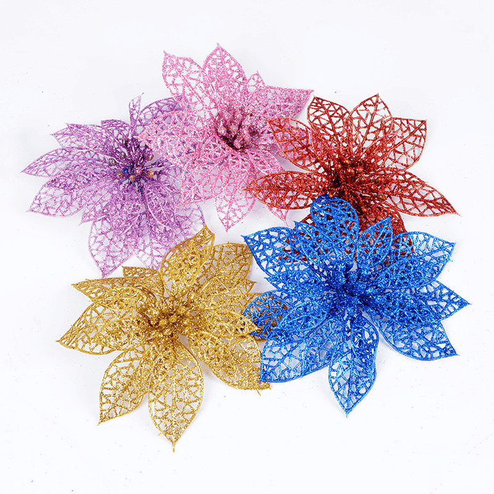 10Pcs Christmas Glitter Hollow Flower Decoration Flowers for Christmas Trees New Year Decorations Wedding Party Decor