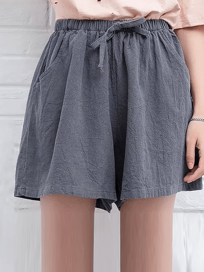 Women High Drawstring Waist Solid Cotton Casual Shorts - MRSLM