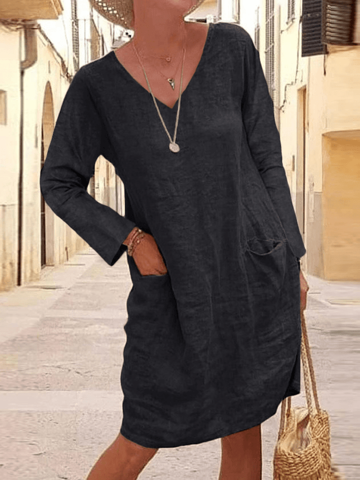 Women Cotton Solid V-Neck Casual Long Sleeve Midi Dress with Pockets - Stylish and Comfortable