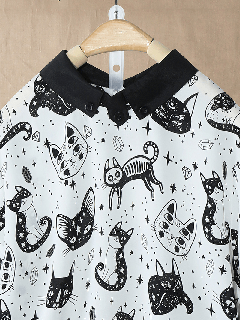 Cold Shoulder Cat Print Blouse