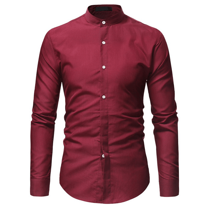 Mens Casual Business Stand Collar Slim Fit Long Sleeve Solid Color Shirts