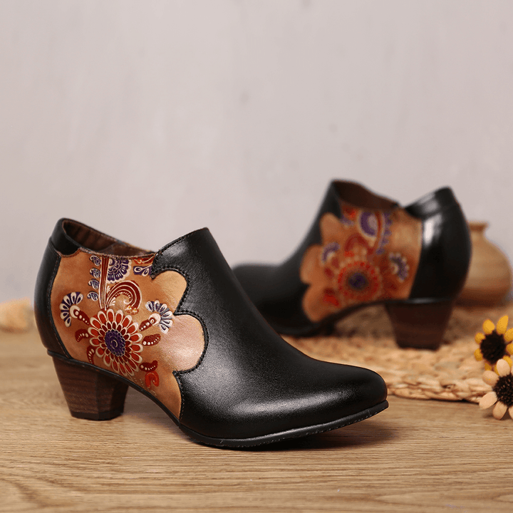 Women Hand Painted Flowers Stitching Leather Zipper Pumps