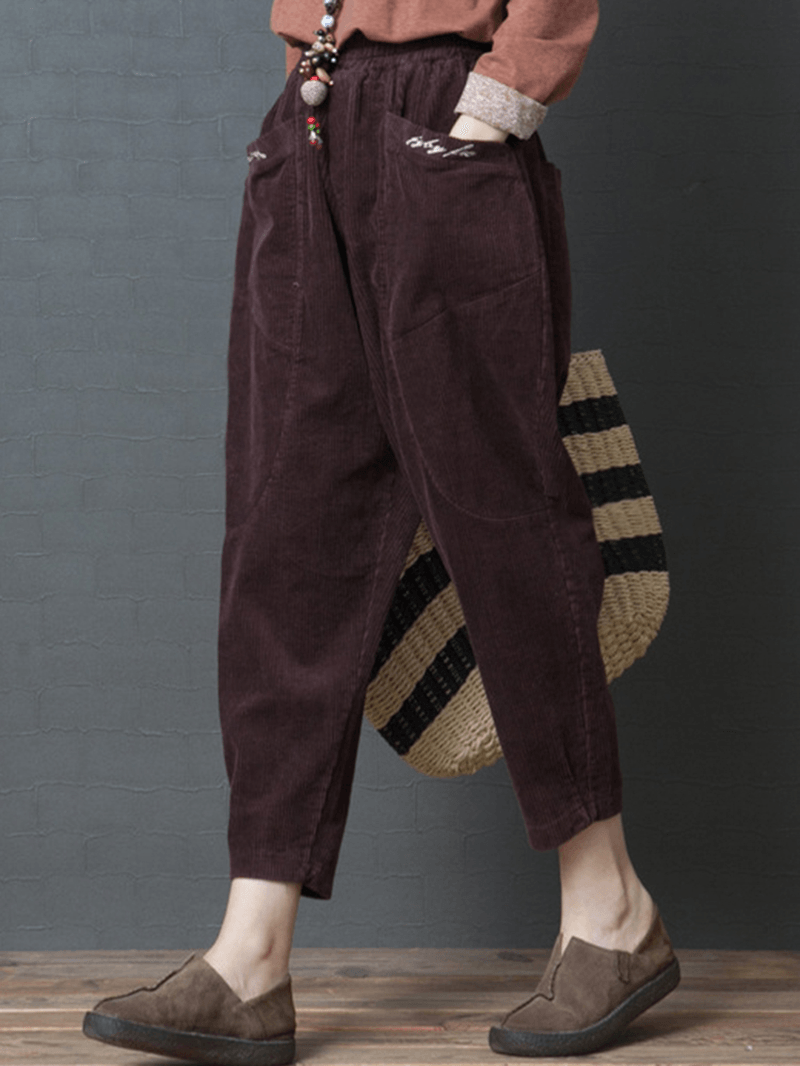 Women Elastic Waist Pocket Corduroy Pants