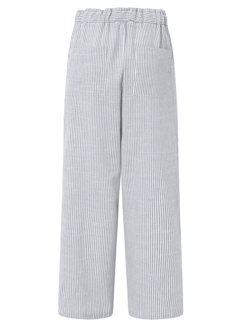 Women Stripe Drawstring Belted Side Pocket Plain Casual Pants