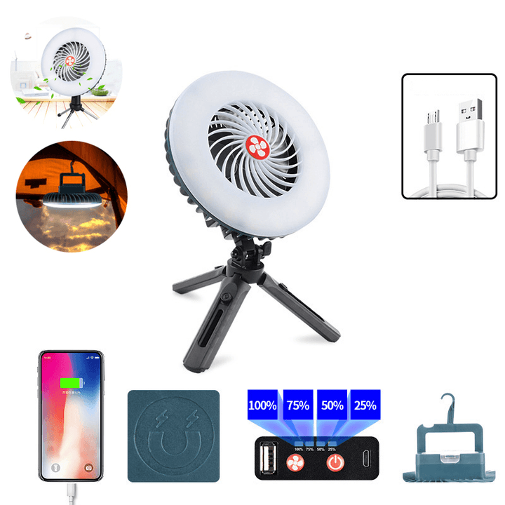 Ipree¬Æ 2-In-1 Tent Fan Light Magnetic 2 Modes Camping Light 3 Modes Hanging Hook Cooling Fan Emergency Power Bank for Hiking Travel