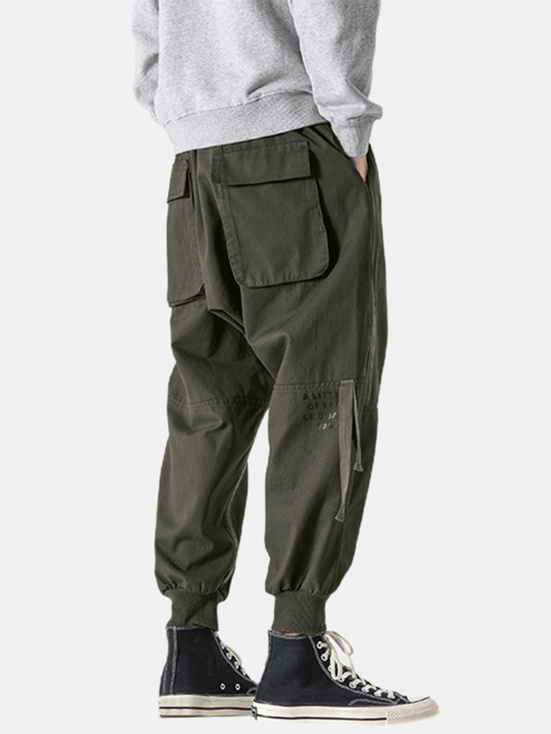 Mens Letter Print Side Ribbon Cotton Drawstring Cargo Pants with Pocket