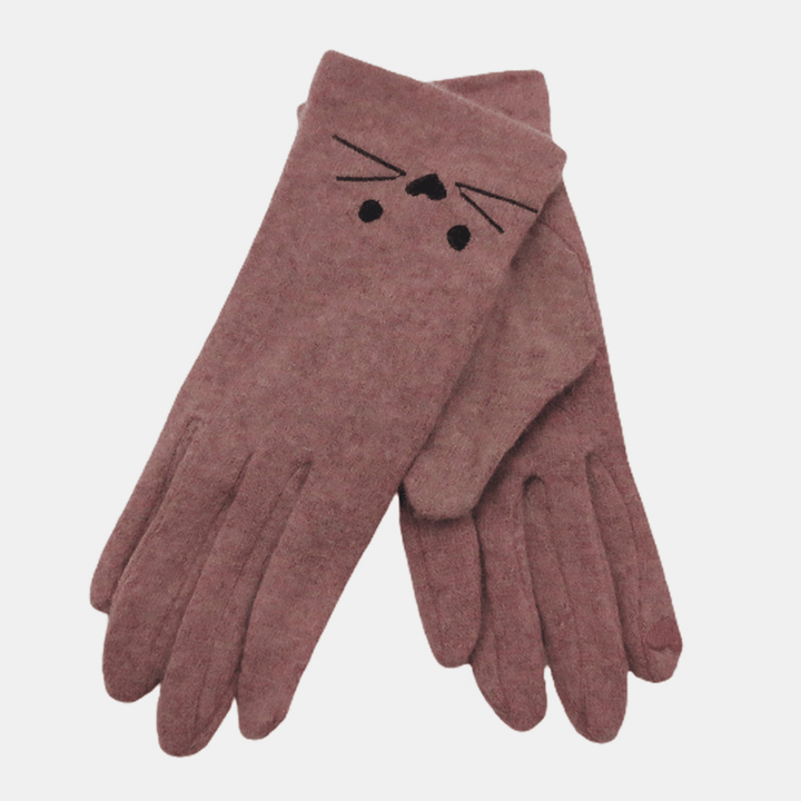 Women Wool Screen-Touchable Embroidery Cartoon Cat Pattern Keep Warm Fashion Casual Gloves - MRSLM