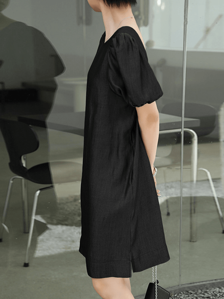 Solid Casual Crew Neck Puff Sleeve Pleated Plain A-Line Midi Dress