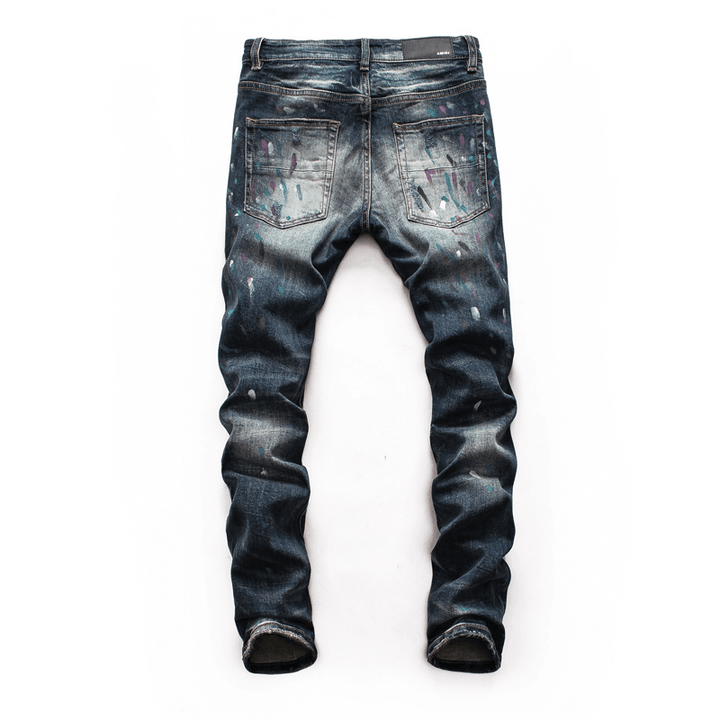 Men'S Ripped Patch Jeans Youth Slim Pants Biker Pants Inkjet Personality