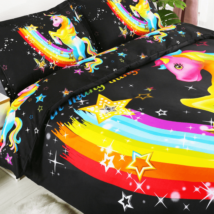 3 PCS Bedding Sets 3D Animal Unicorn Printing Quilt Cover Pillowcase for Queen Size