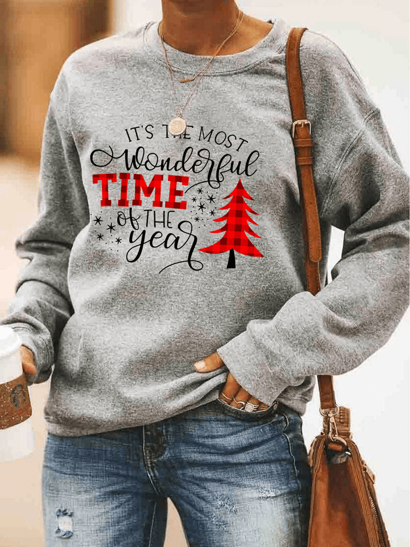 Women Christmas Letter Print O-Neck Drop Shoulder Loose Pullover Sweatshirts