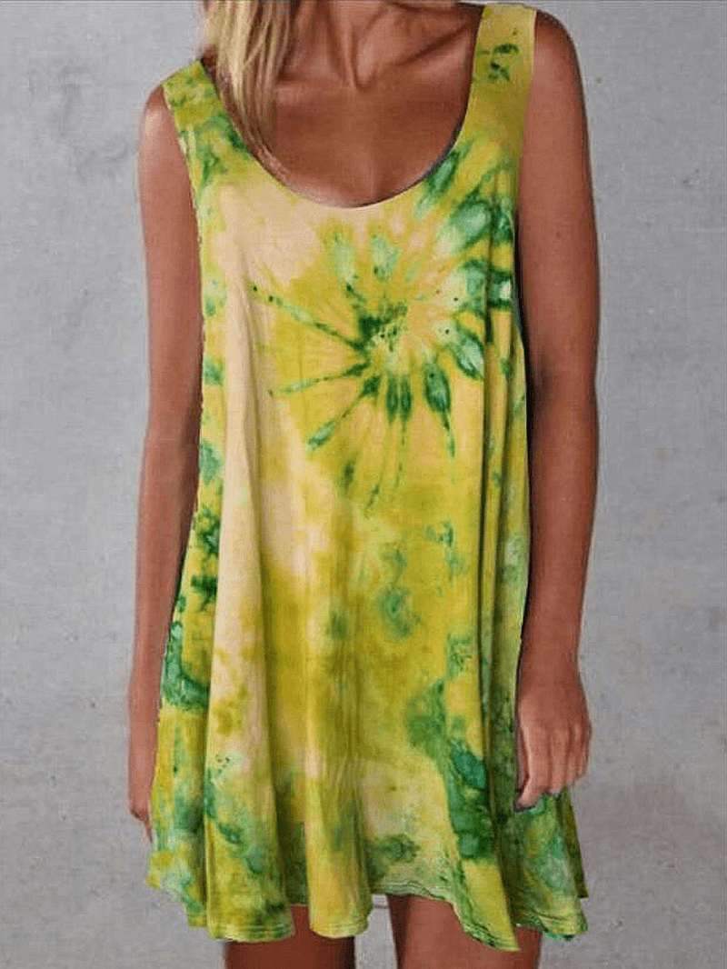 Women Tie-Dye Print Crew Neck Summer Sleeveless Loose Dress