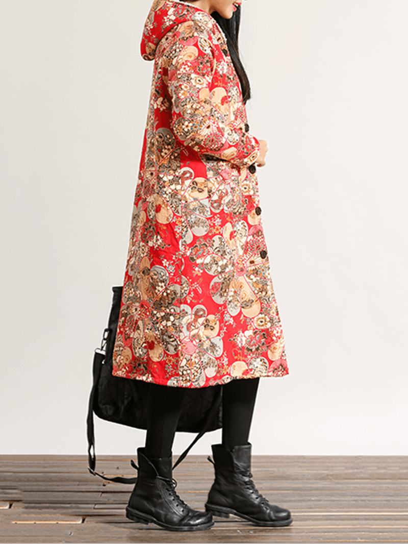 Floral Print Single Breasted Long Sleeve Hooded Coats for Women