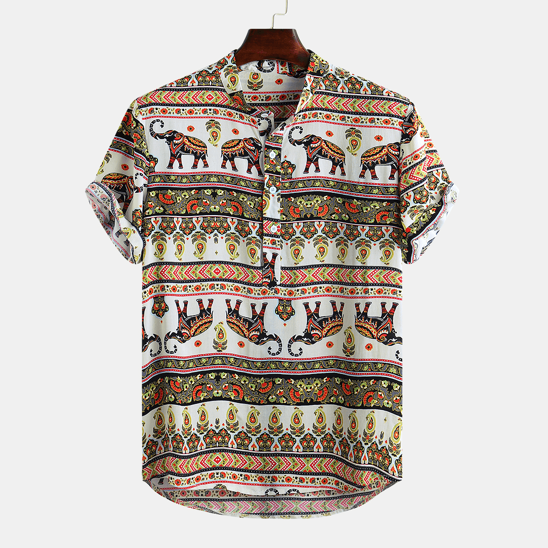 Mens Ethnic Style Pattern Printing Summer Loose Henley Shirt