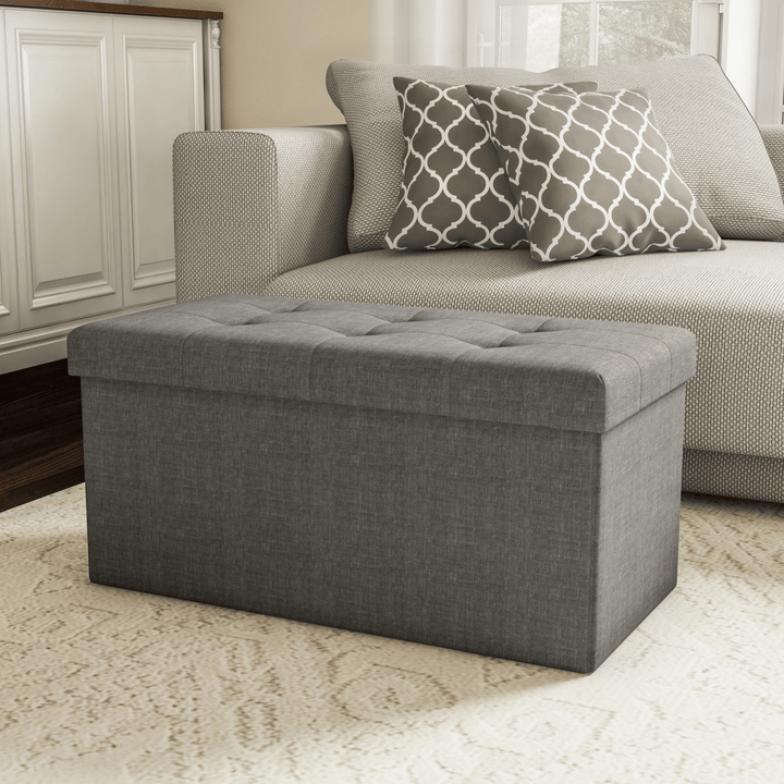 Folding Storage Ottoman Chair Seat Stool Chest Toy Storage Box Linen Look