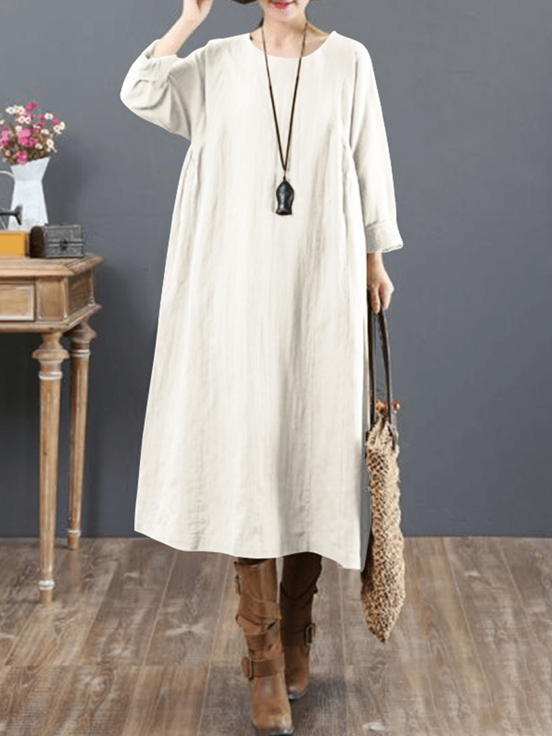 Women Cotton Solid Tie Back round Neck Long Sleeve Casual Midi Dresses