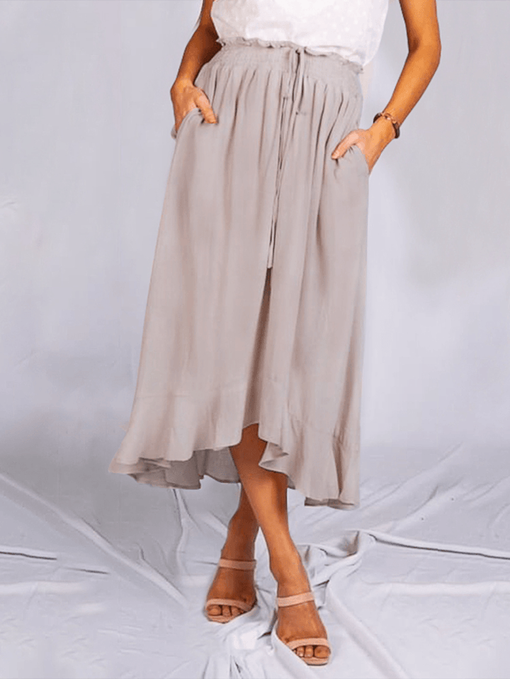 Women Solid Color Drawstring Shirred Waist Casual Skirts with Pocket