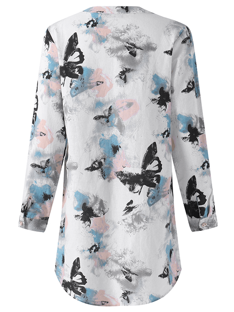 Ink Printed V Neck Buttons Long Sleeve Shirt Dress