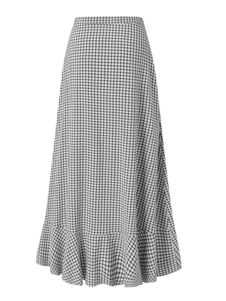 Women Mid-Calf Length Ruffle Pleated Irregular Hem Plaid Splicing Skirt