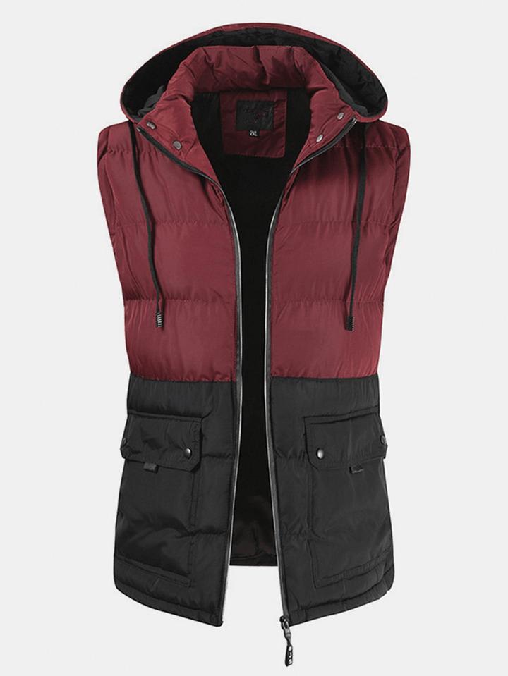 Mens Patchwork Cotton Zipper Casual Thick Warm Detachable Hooded Vest