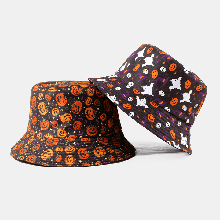 Unisex Pumpkin Ghost Skull Pattern Halloween Bucket Hat Casual Funny Foldable Sunshade Hat