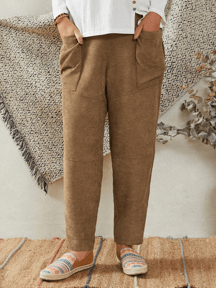 Women Khaki Corduroy Side Pockets Ankle Length Pants