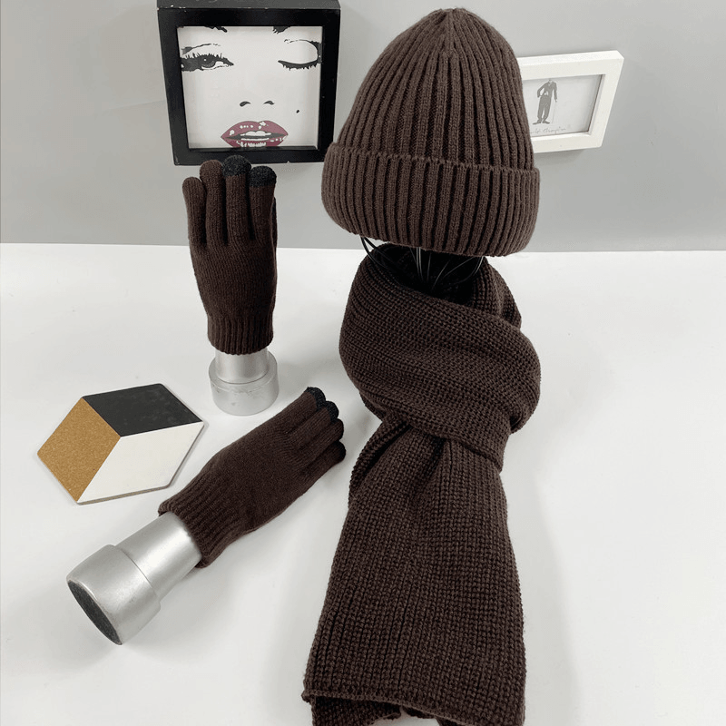 Multi-Piece Knitted Scarf Hat and Gloves Three-Piece Set