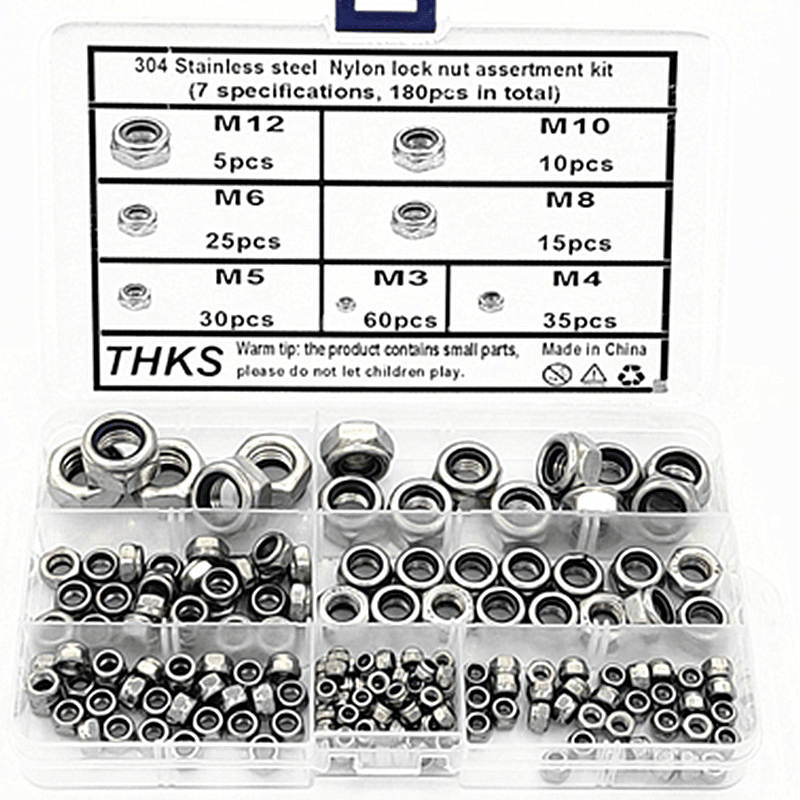 Suleve MXSN6 180Pcs Stainless Steel Metric Hex Nuts Self-Locking Nylon Insert Lock Nuts Assortment Kit M3-M12