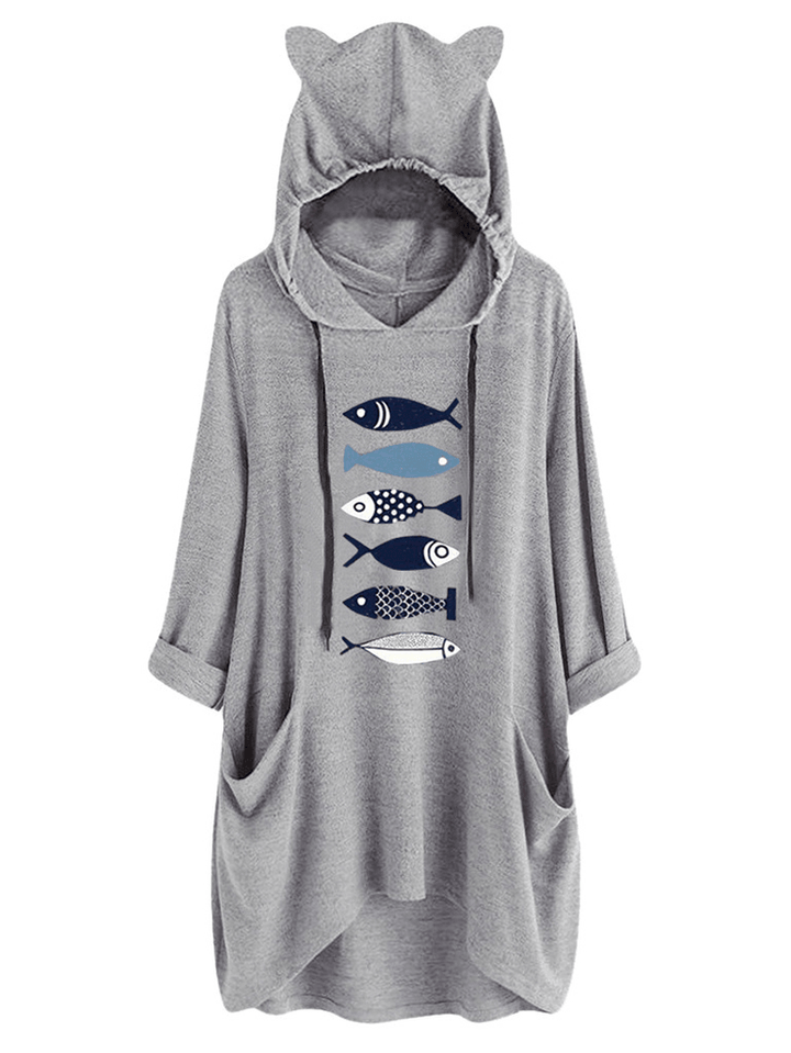 Women Casual Fish Print Hooded Sweatshirt - MRSLM