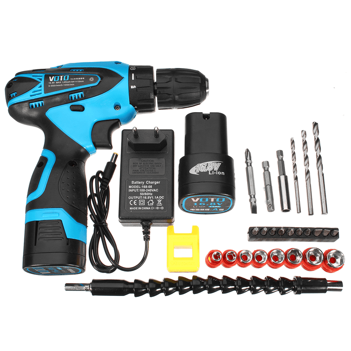 16.8V Li-Ion Battery Cordless Electric Screwdriver Power Drill Two-Speed Drive Bit Set