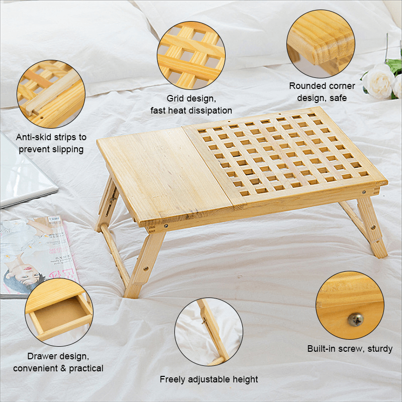 Multi Function Lapdesk Table Bed Tray Folding Adjustable Table Tilting Top with Storage Drawer Bamboo Wood