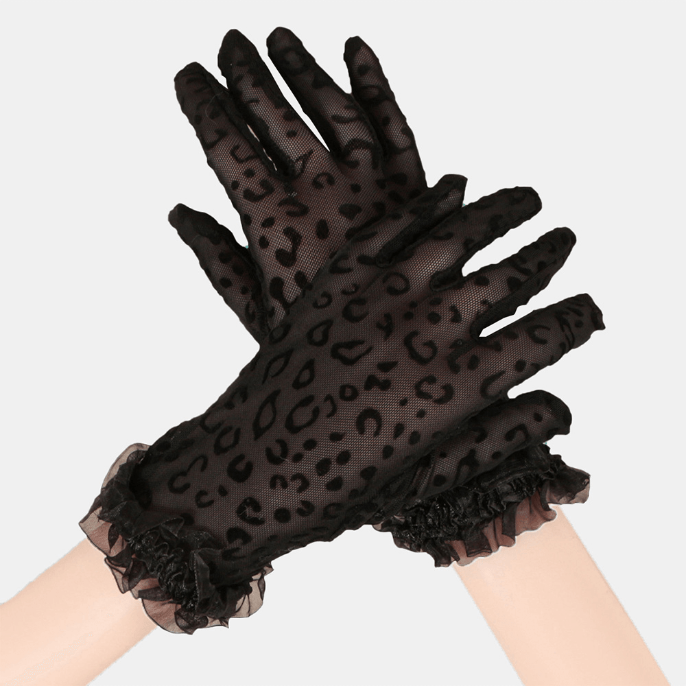 Women Polyester Cotton Lace Leopard Pattern Sunshade Breathable Short Full Finger Gloves - MRSLM