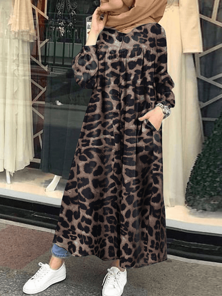 Leopard Printed Button down Front Kaftan Tunic Maxi Dress with Side Pockets - MRSLM