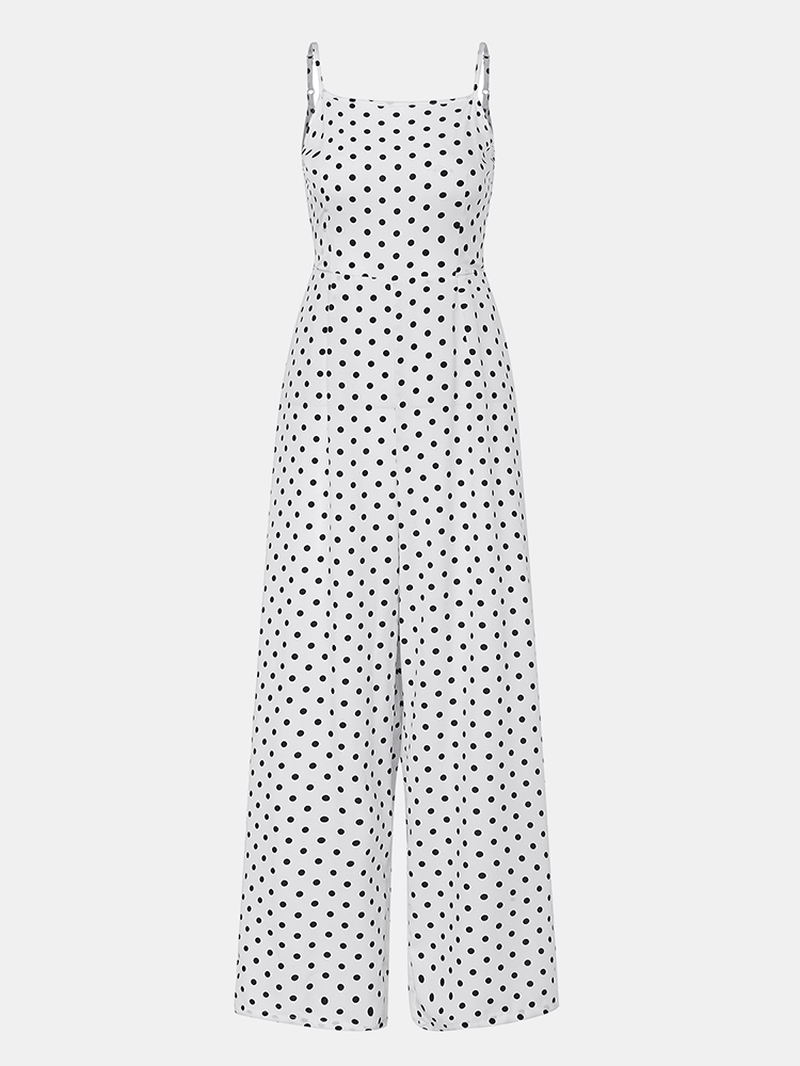 Women Polka Dot Spaghetti Strap Long Rompers Wide Leg Jumpsuit