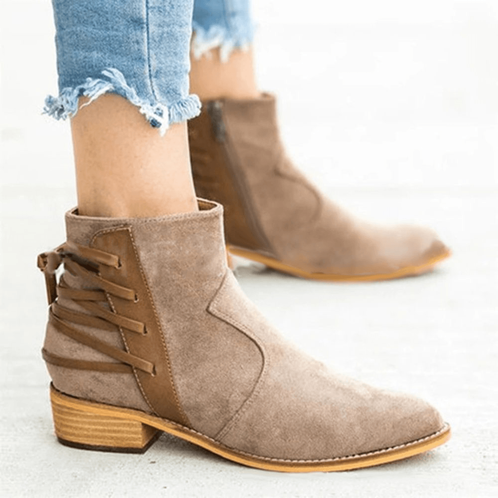 Large Size Women Back Cross Ribbon Sticting Zipper Ankle Boots