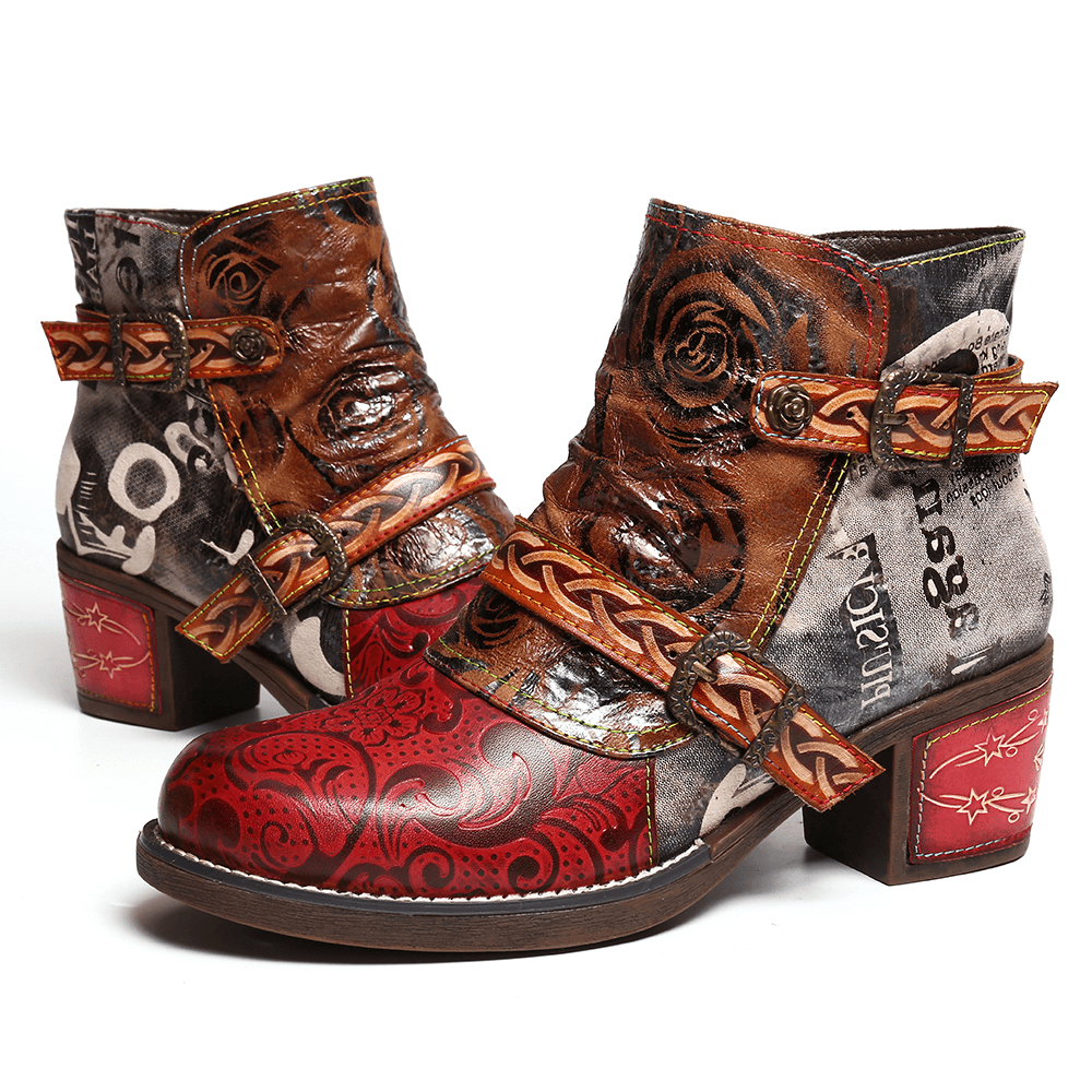 Women Embossed Rose Genuine Leather Splicing Boots