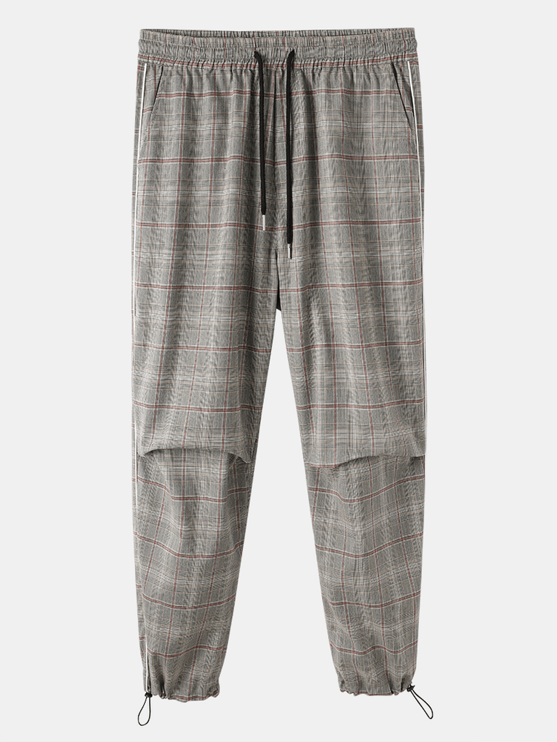 Mens Plaid Pleated Pocket Drawstring Cuff Casual Pants