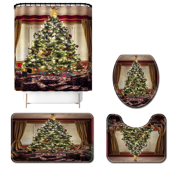 Merry Christmas Tree Shower Curtain Bath Pad Pedestal Rug Lid Toilet Cover Mat for Bathroom 2020 Christmas Decoration