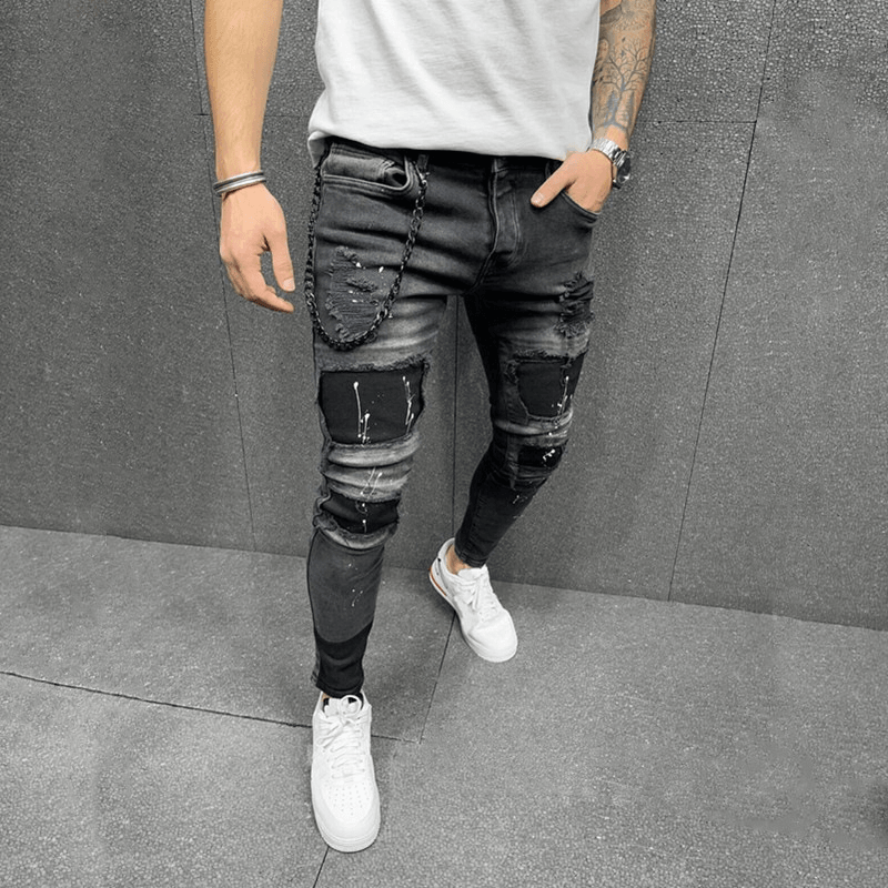 Men'S New Patch Ripped Elastic Skinny Jeans