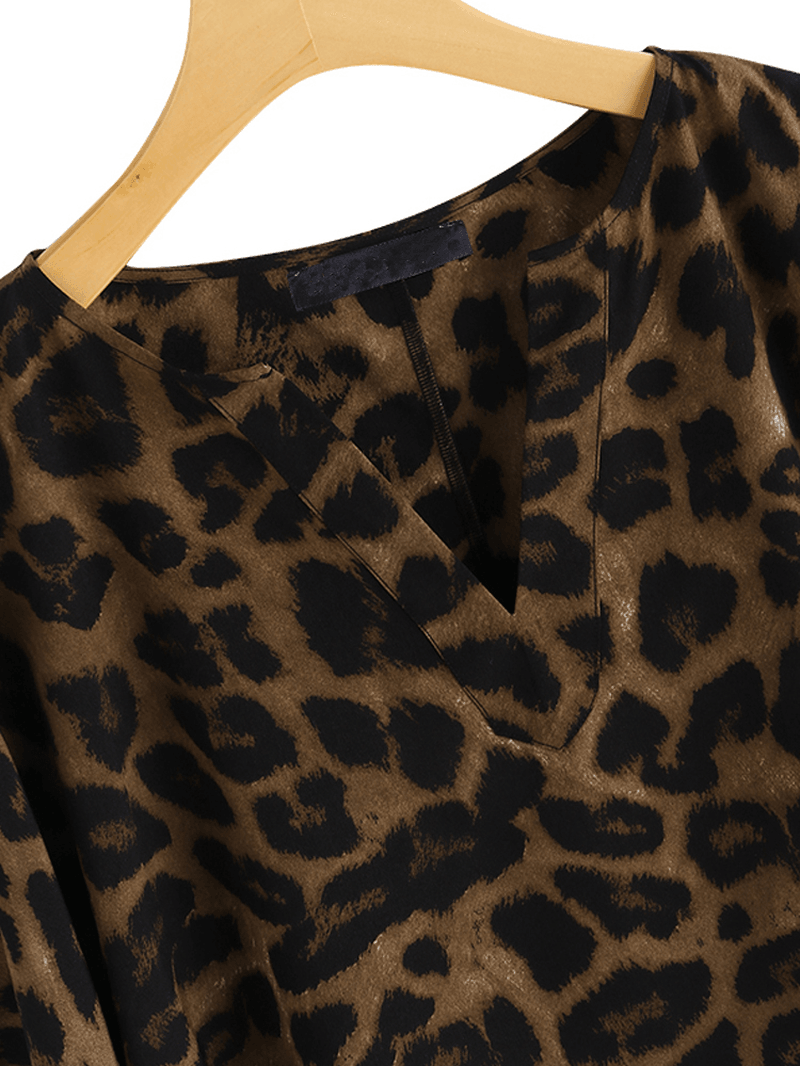 Women Leopard Print Irregular Hem V-Neck Casual Blouse