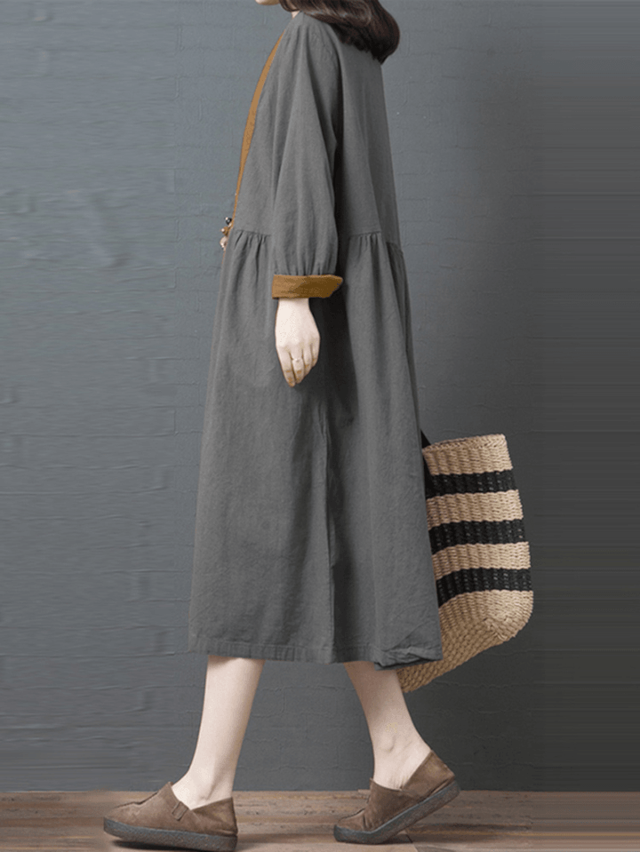 Women Contrast Patchwork Button Front Casual Long Sleeve Maxi Shirt Dresses