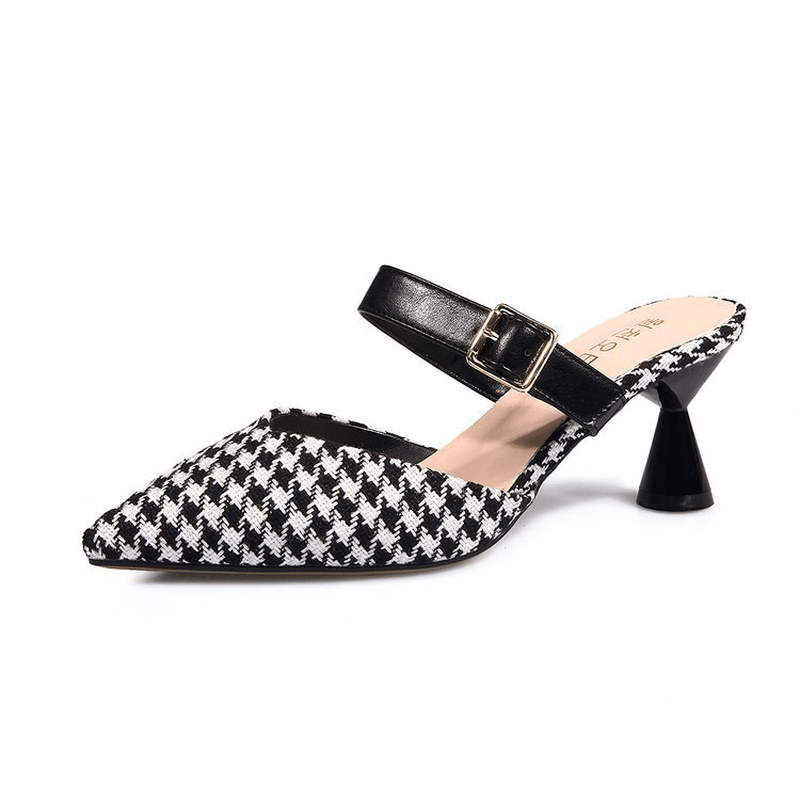 Women Retro Elegant Lattice Pattern Pointed Toe Backless Cone Heel Shoes - MRSLM