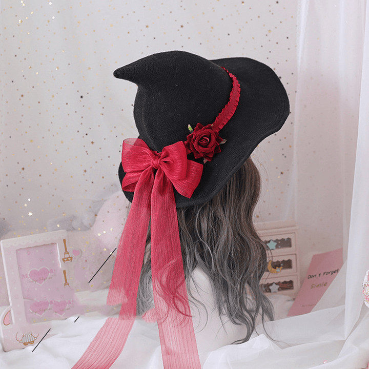 Lolita Halloween Retro Witch Hat Masquerade Rose Big Bow Wizard Hat Gothic Magical Girl Hat Cosplay Accessories Party Decor