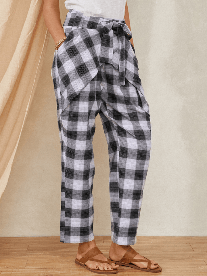 Plaid Print Knotted Pocket High Waist Loose Casual Pants for Women