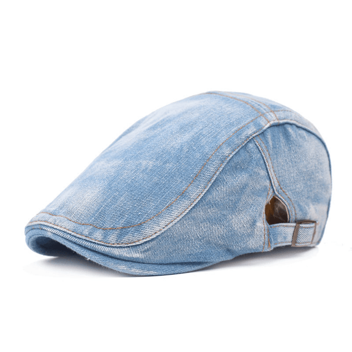 Mens Womens Washed Denim Adjustable Solid Painter Beret Hat - MRSLM