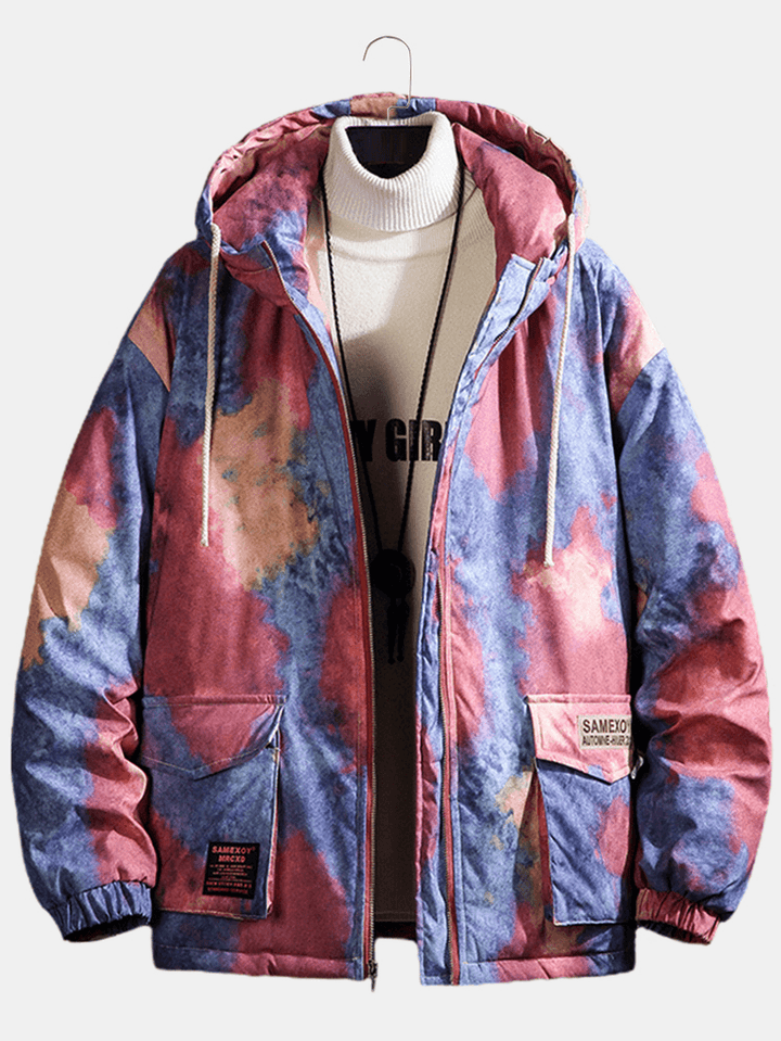 Mens Tie-Dye Double Flap Pockets Zipper Thick Loose Hooded Jacket