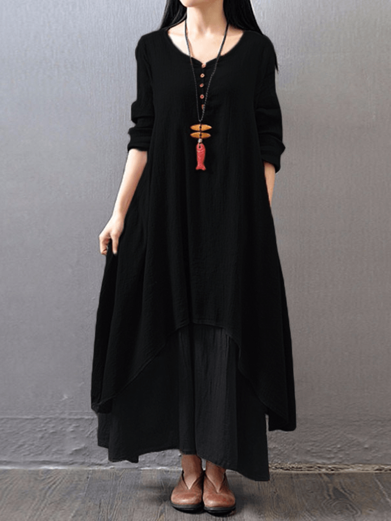 Women Long Sleeve Double Layers Button Asymmetric Vintage Maxi Dress