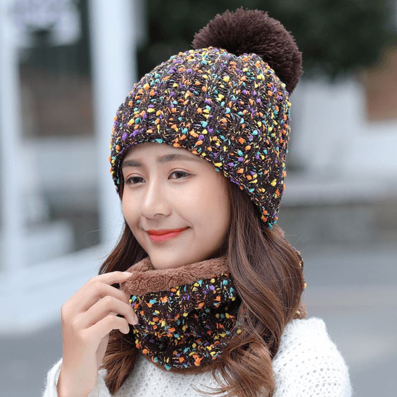 Thick Warm Wool Cap Bib Two-Piece Set Beanie Warm Winter Pom Cap